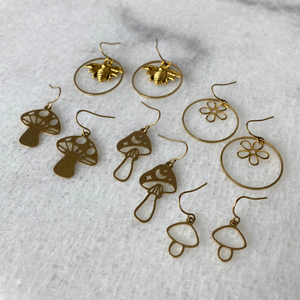 Nature Charm Earrings | Mushrooms Bees Flowers Brass