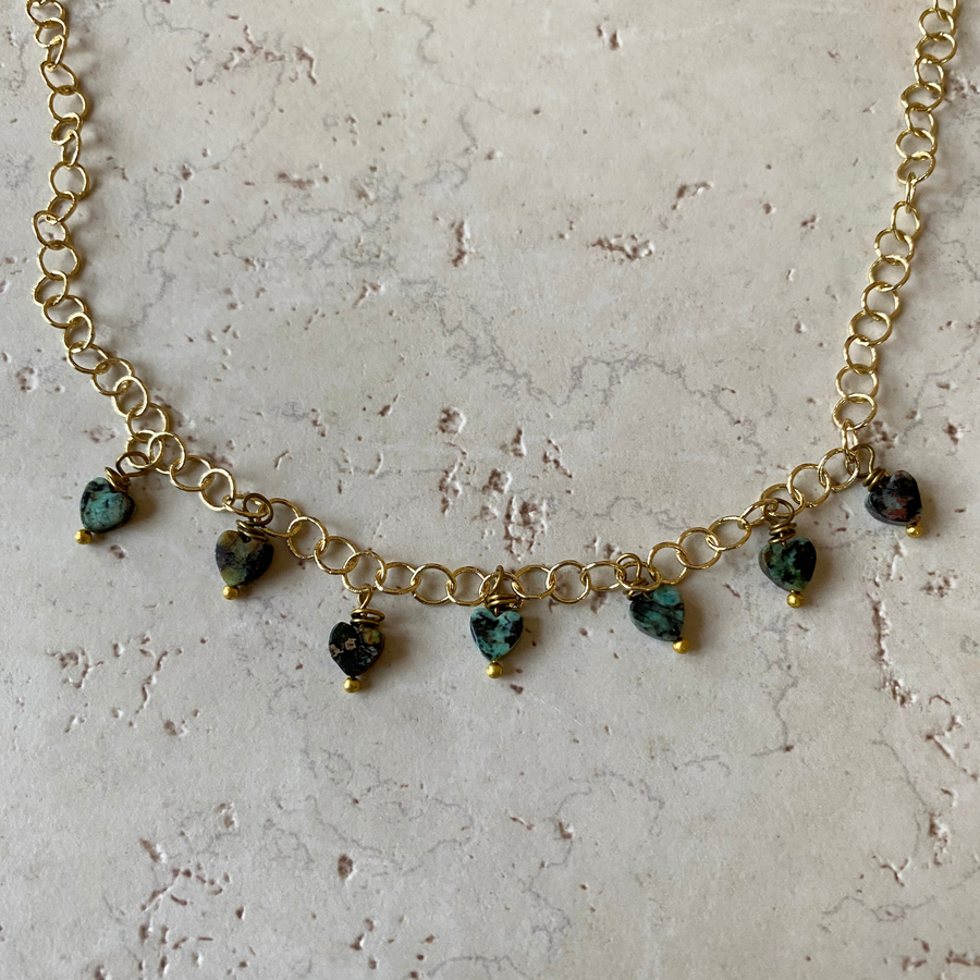 Dangle Seven Heart Stone Charm Gold Necklace | Adjust. Clasp
