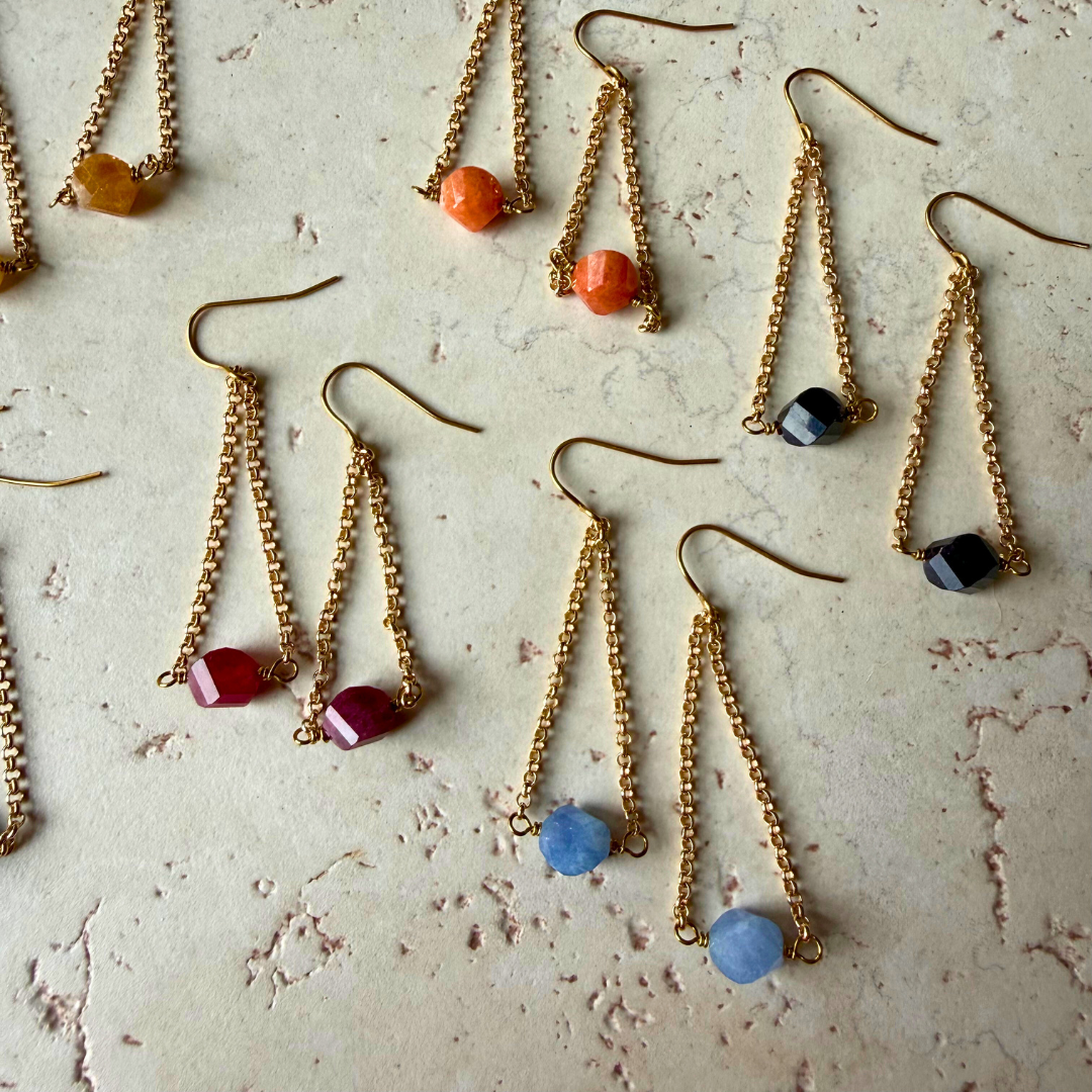 Hex Gemstone Drop Earrings – Gold Chain Dangle