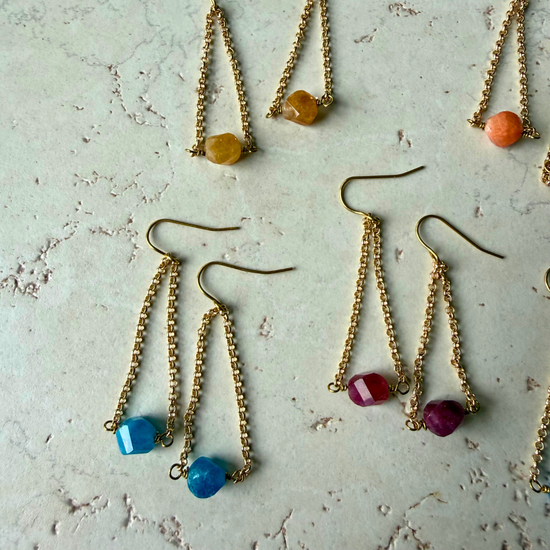 Hex Gemstone Drop Earrings – Gold Chain Dangle