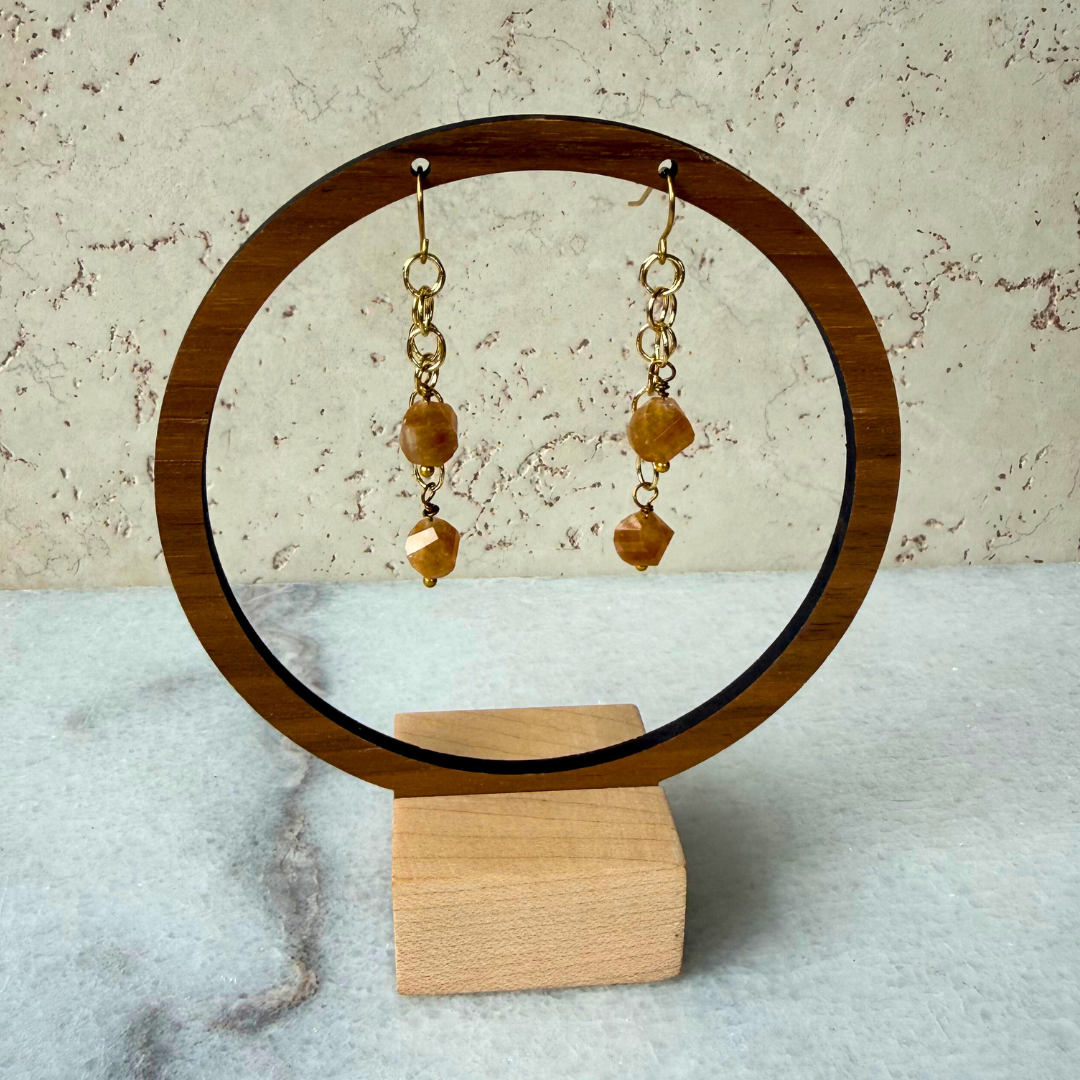 Hex Double Gemstone Dangle Earrings – Gold Circle Chain