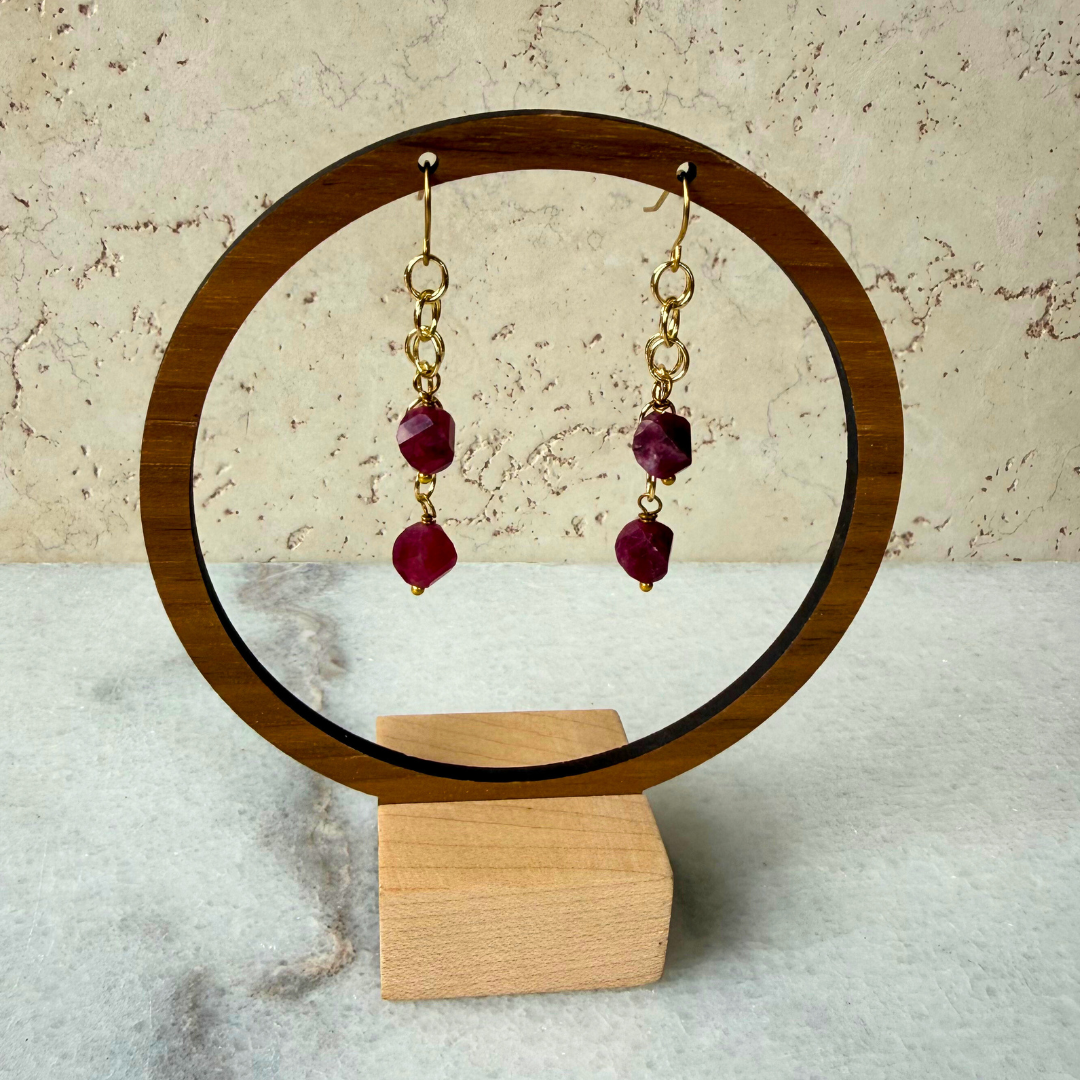 Hex Double Gemstone Dangle Earrings – Gold Circle Chain