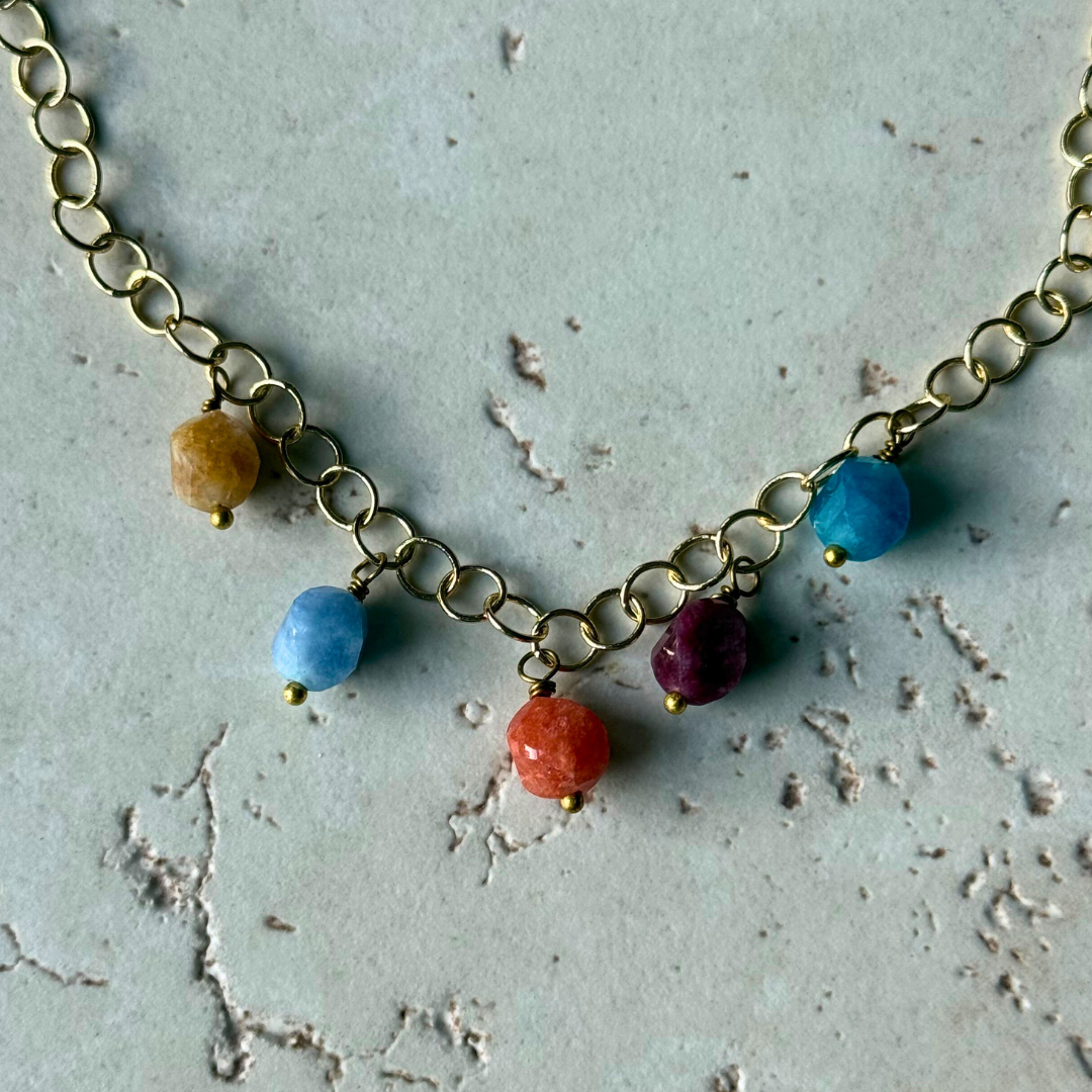 Hex Multi Gemstone Charm Necklace – Gold Chain - Colorful