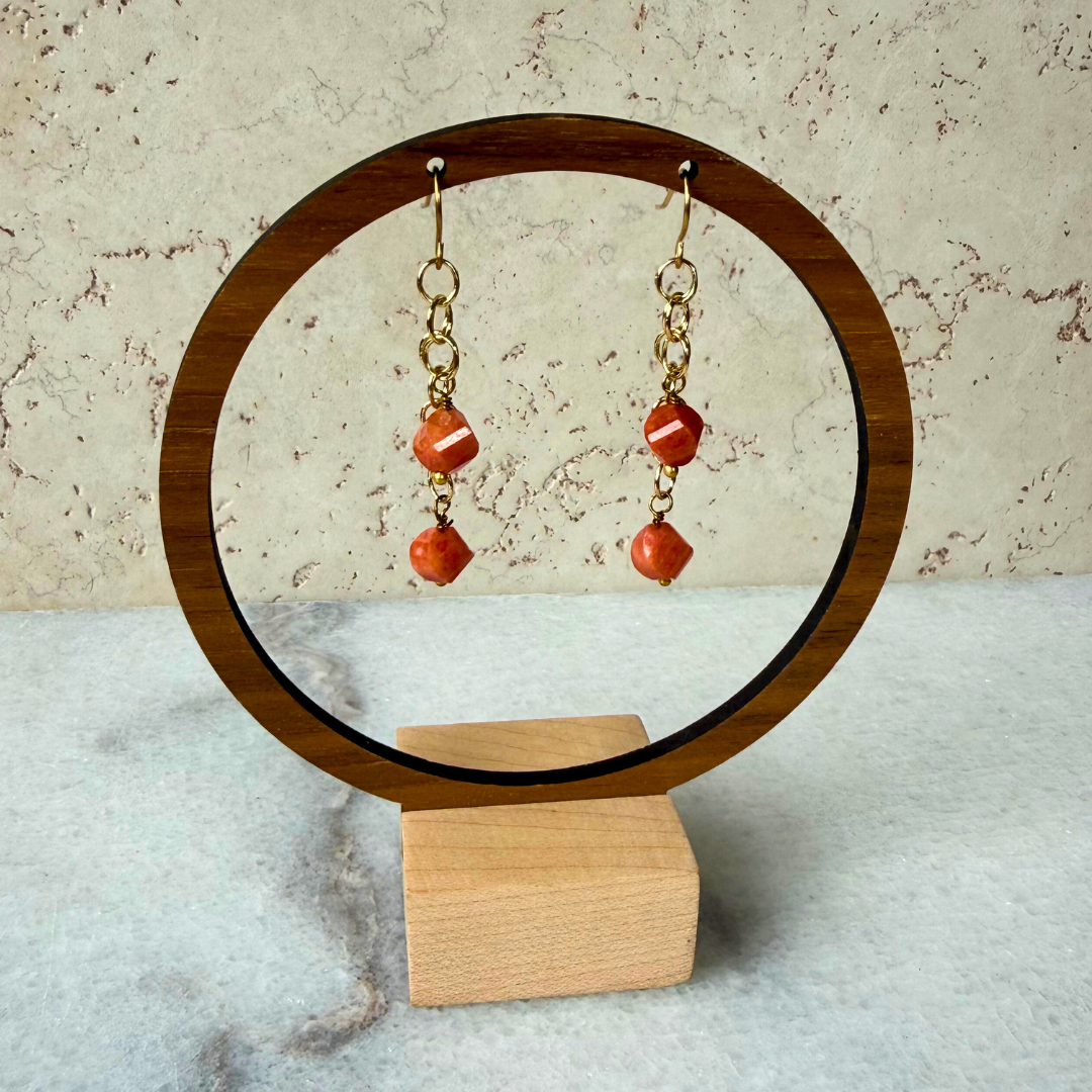 Hex Double Gemstone Dangle Earrings – Gold Circle Chain