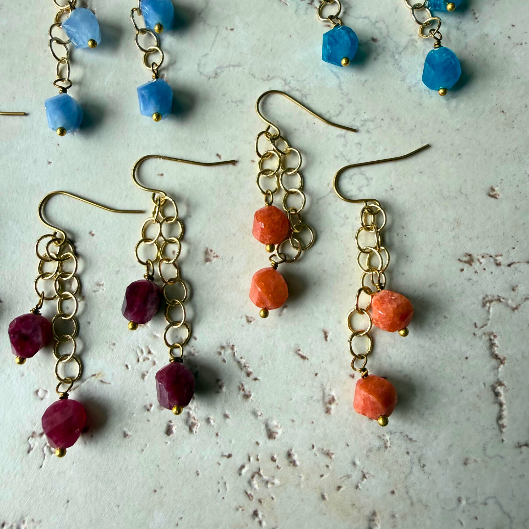 Hex Double Gemstone Dangle Earrings – Gold Circle Chain