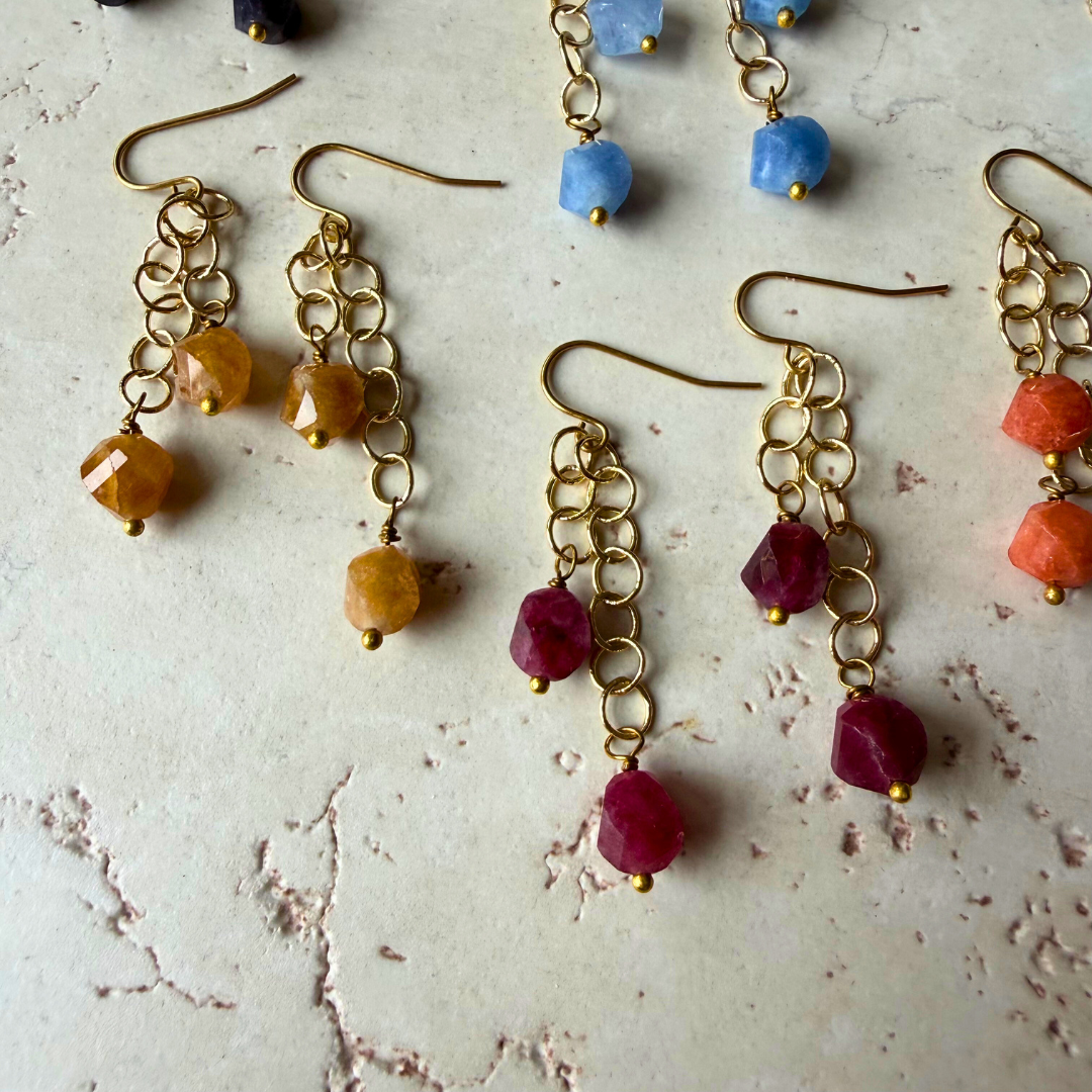 Hex Double Gemstone Dangle Earrings – Gold Circle Chain