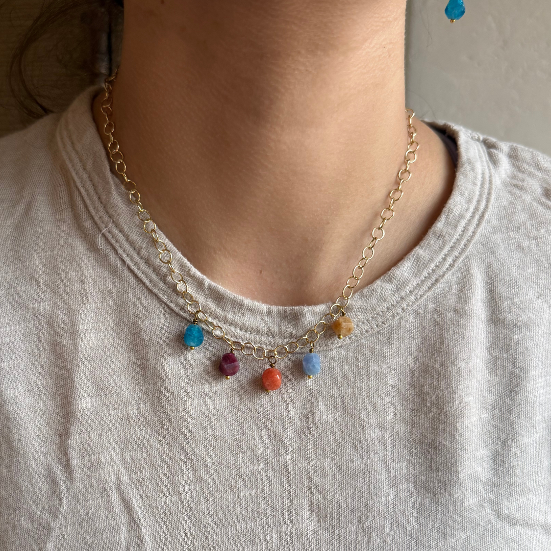 Hex Multi Gemstone Charm Necklace – Gold Chain - Colorful