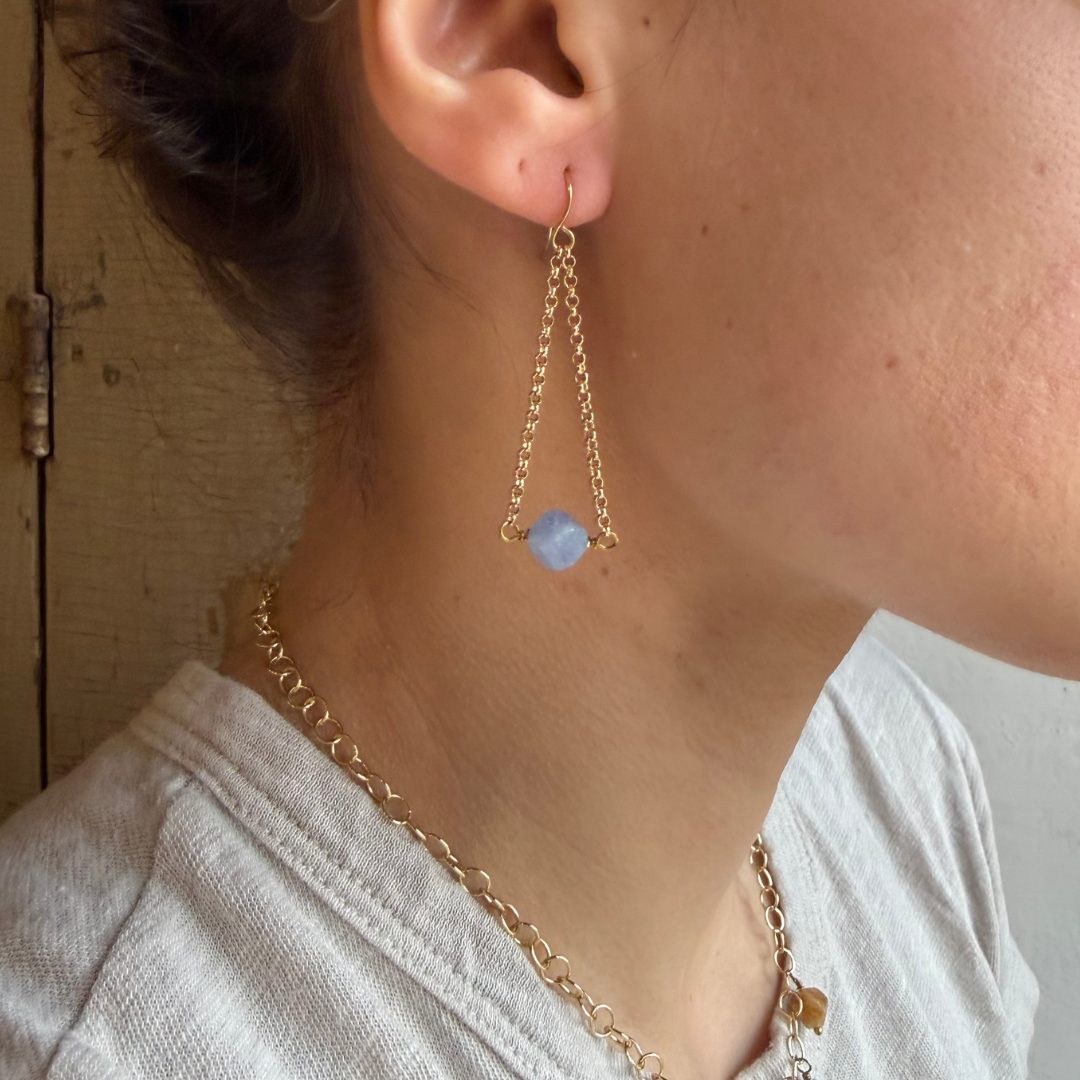 Hex Gemstone Drop Earrings – Gold Chain Dangle