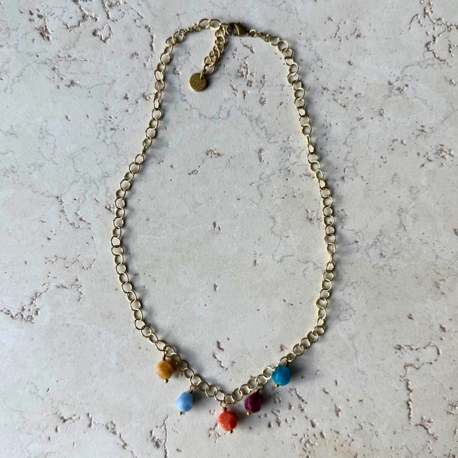 Hex Multi Gemstone Charm Necklace – Gold Chain - Colorful