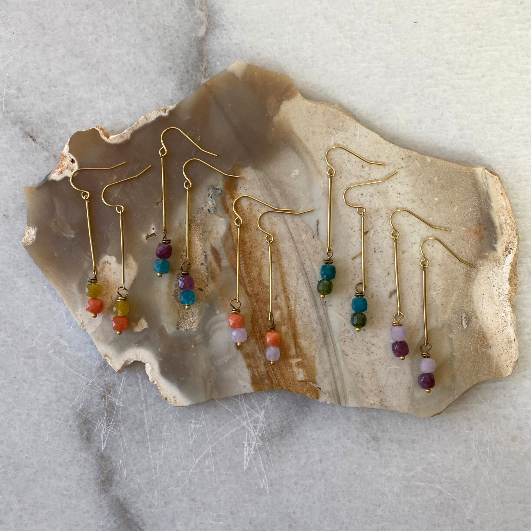 Colorful Stone Cube Brass Bar Earrings