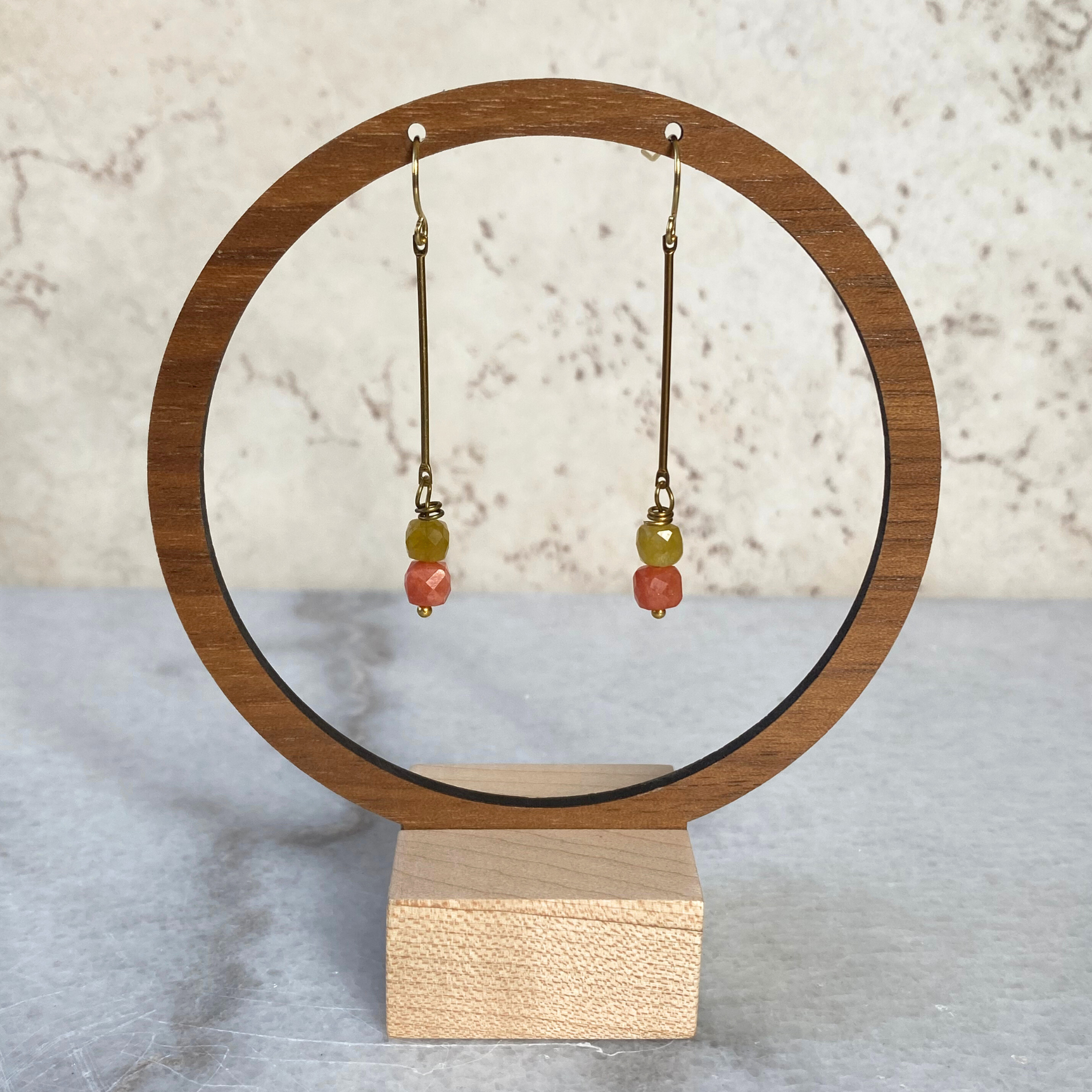 Colorful Stone Cube Brass Bar Earrings