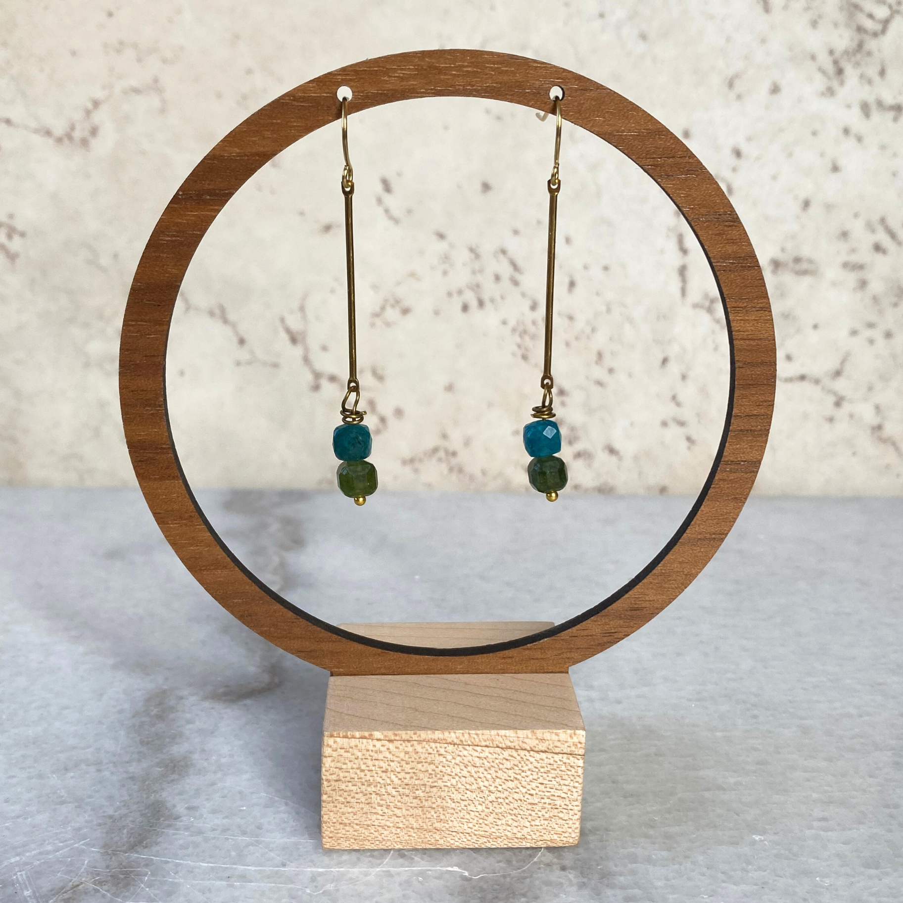 Colorful Stone Cube Brass Bar Earrings