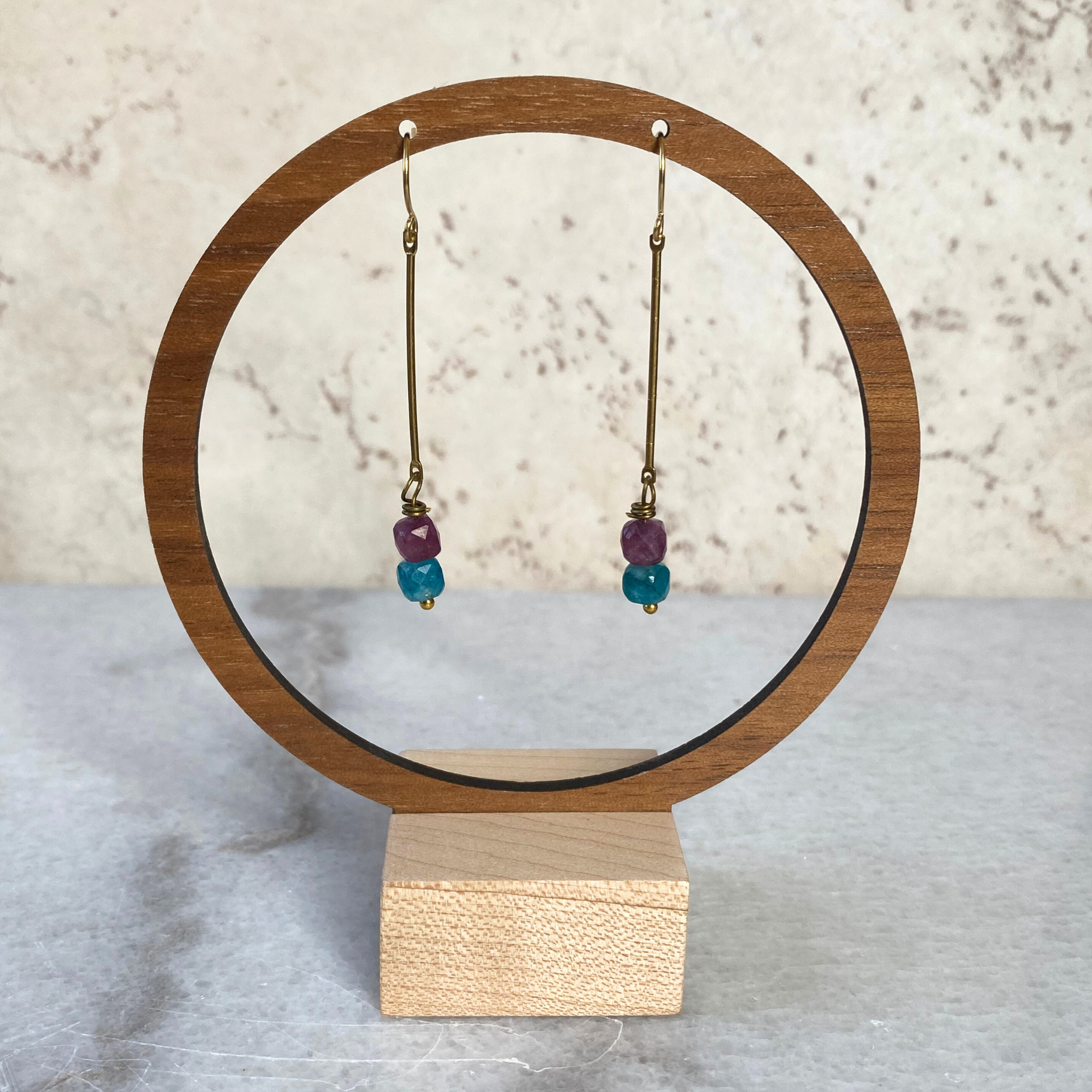 Colorful Stone Cube Brass Bar Earrings