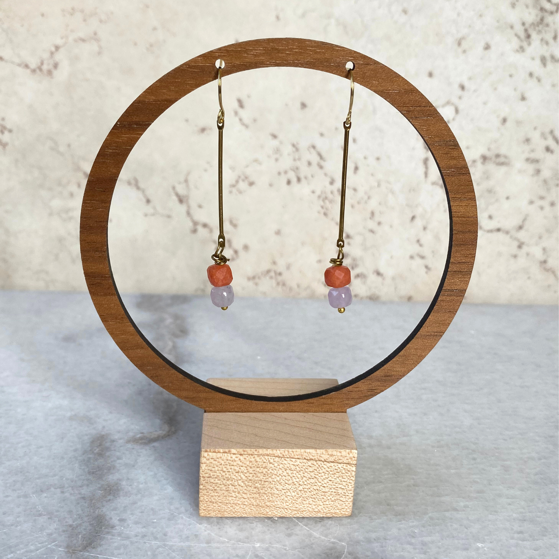 Colorful Stone Cube Brass Bar Earrings