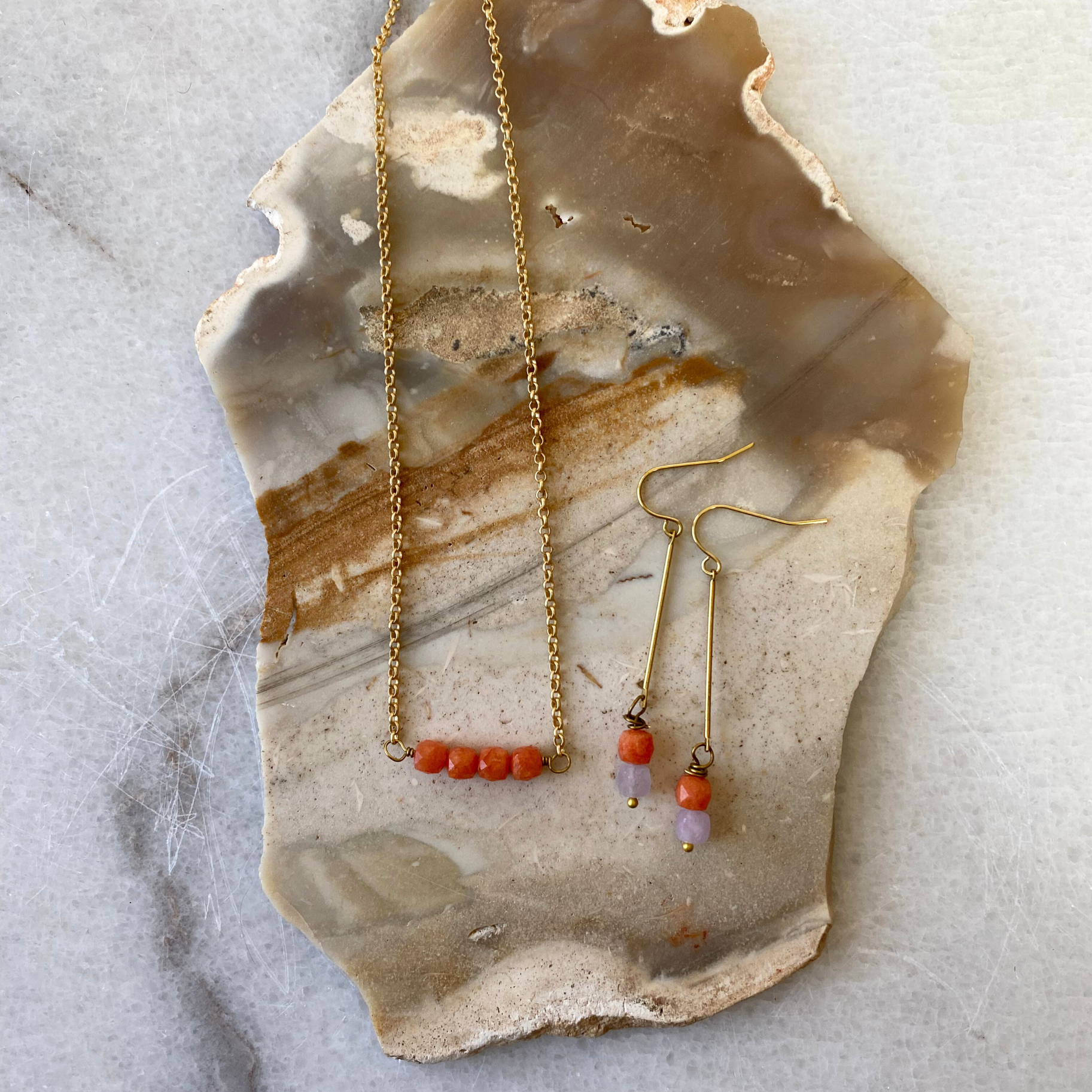 Colorful Stone Cube Brass Bar Earrings