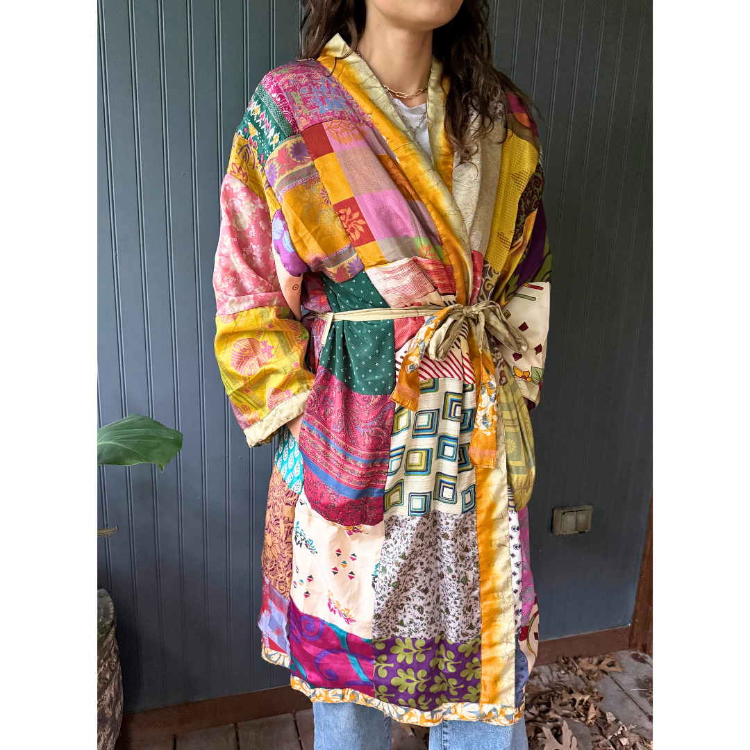 Patchwork Silk Robe | Upcycled Silk One Size Reversible
