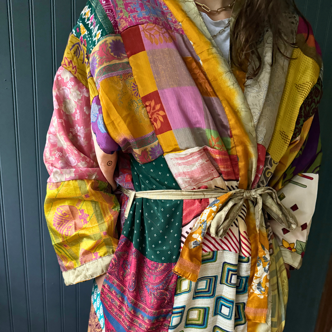 Patchwork Silk Robe | Upcycled Silk One Size Reversible