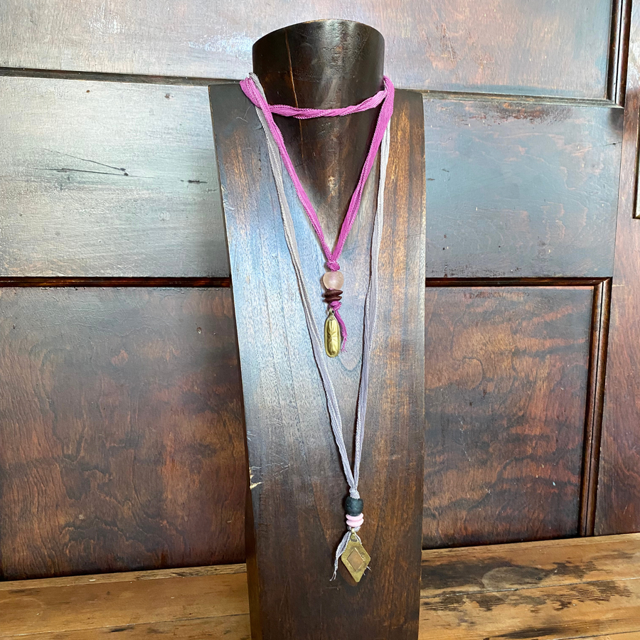 Melinda Necklace | Silk Vintage Metal Pendants Ghana Glass
