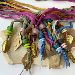 Melinda Necklace | Silk Vintage Metal Pendants Ghana Glass