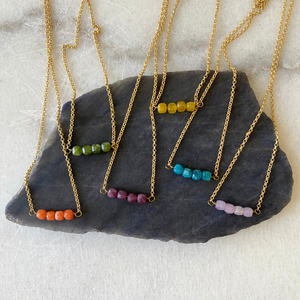 Colorful Stone Cube Matte Gold Chain Necklace
