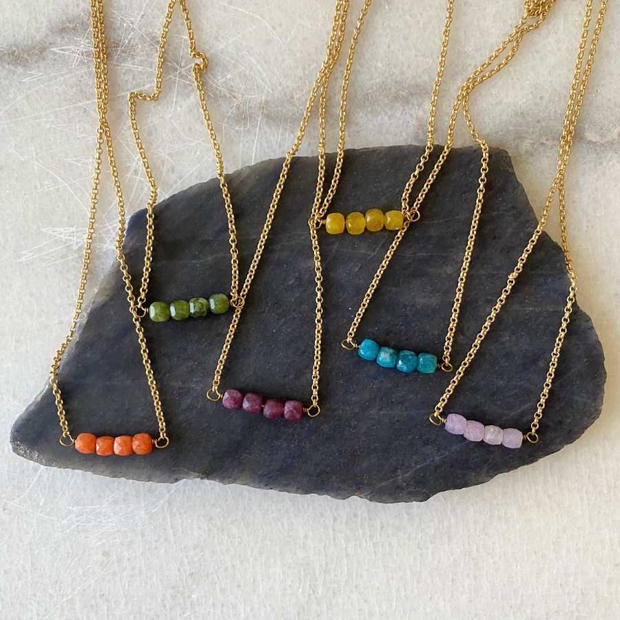 Colorful Stone Cube Matte Gold Chain Necklace