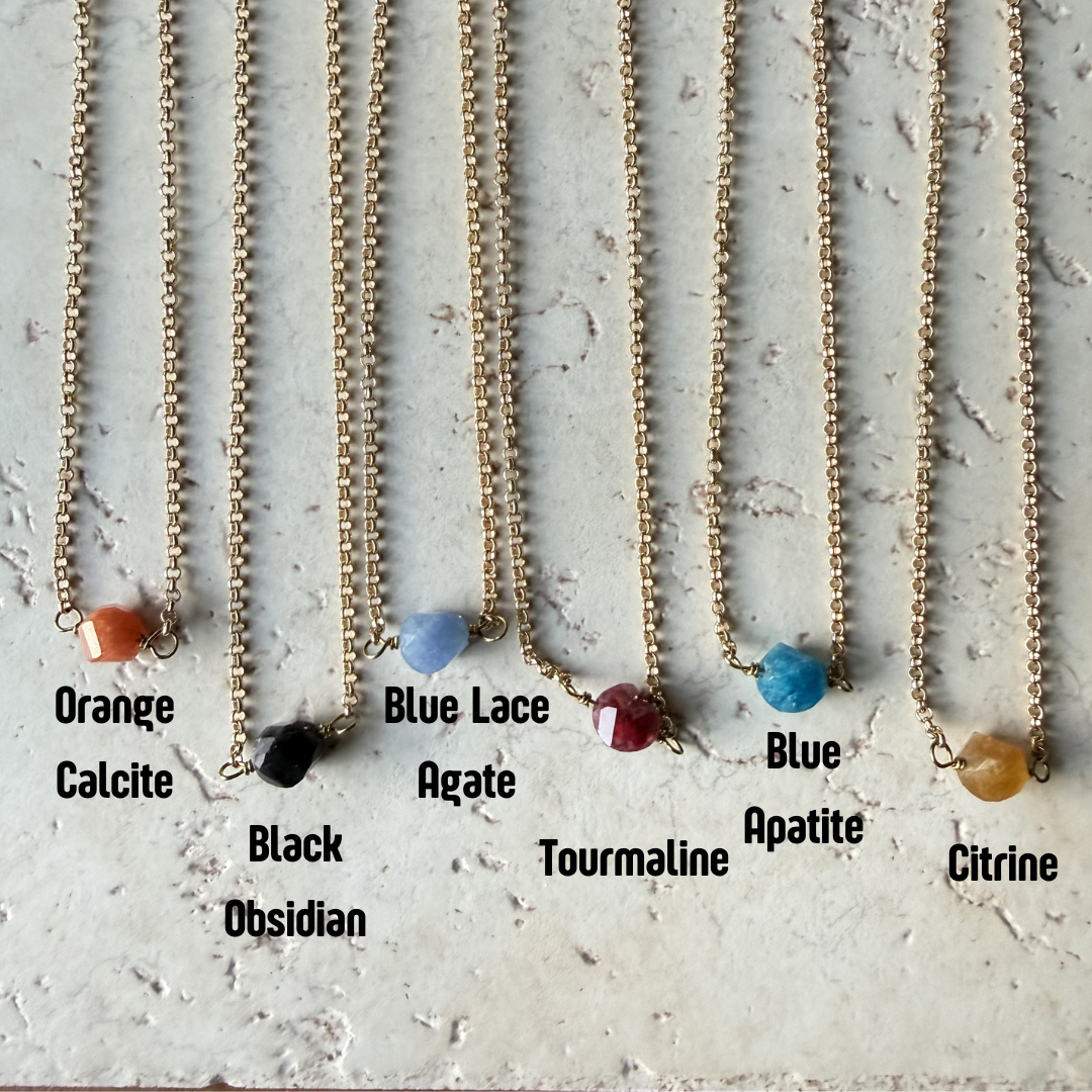 Hex Gemstone Bar Necklace – Gold Chain - Colorful Stone