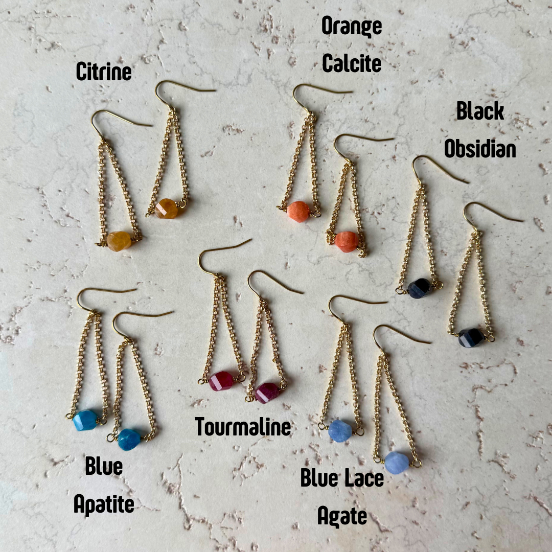 Hex Gemstone Drop Earrings – Gold Chain Dangle