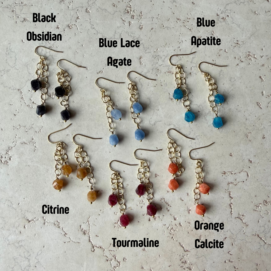 Hex Double Gemstone Dangle Earrings – Gold Circle Chain