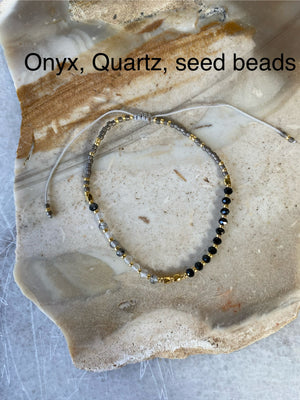 Tiny Semi-Precious Stone Brass Spacer Beaded Bracelet Adjustable