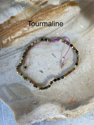 Tiny Semi-Precious Stone Brass Spacer Beaded Bracelet Adjustable