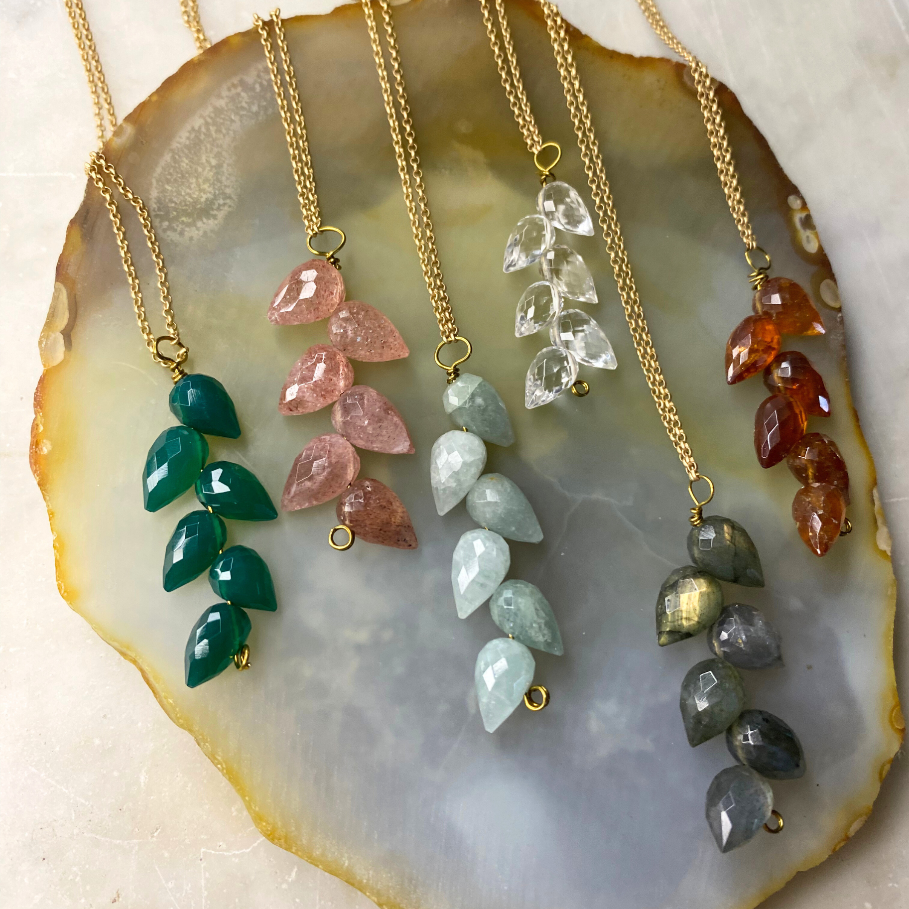 Leaf Tear Drop Stone Matte Gold Chain Necklace