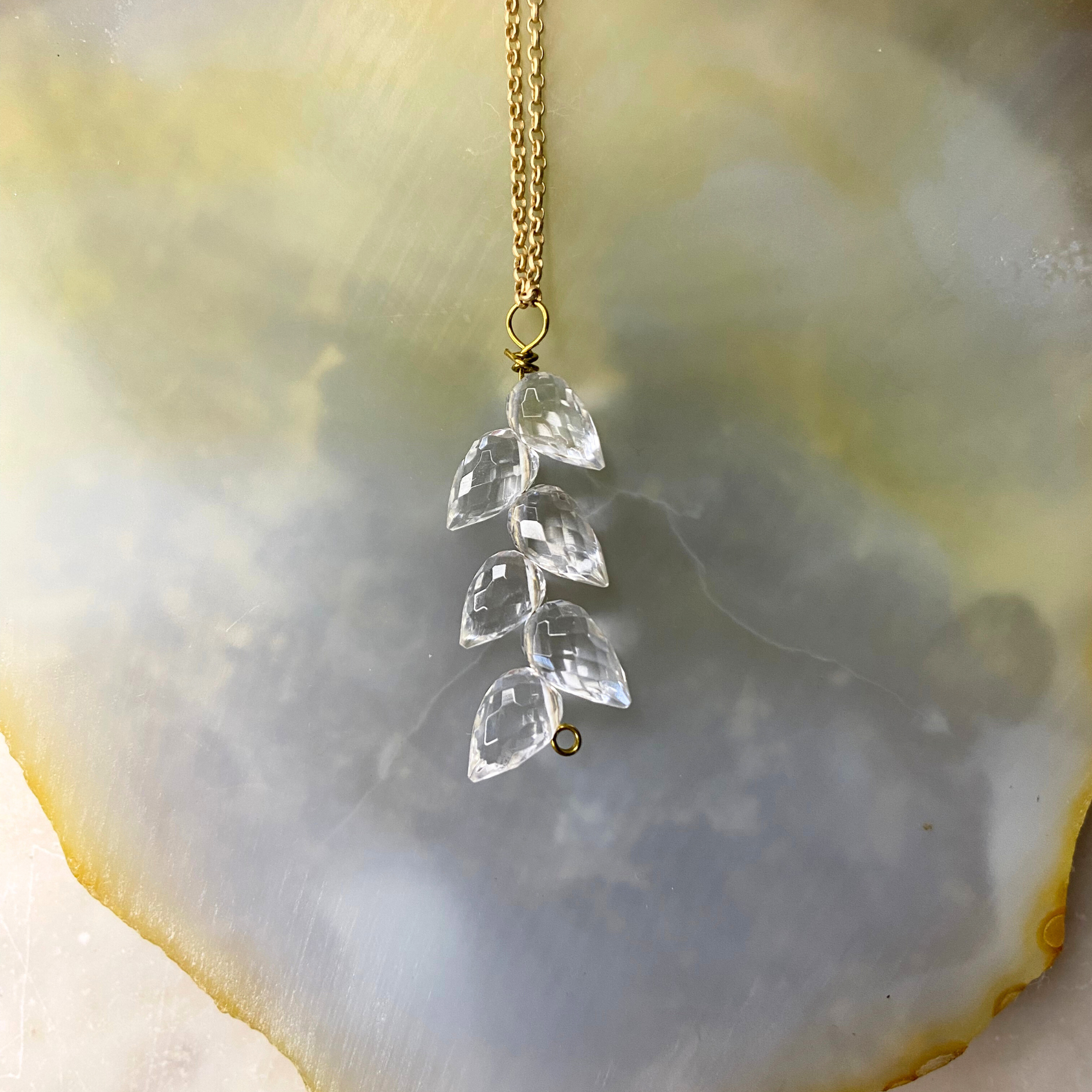 Leaf Tear Drop Stone Matte Gold Chain Necklace