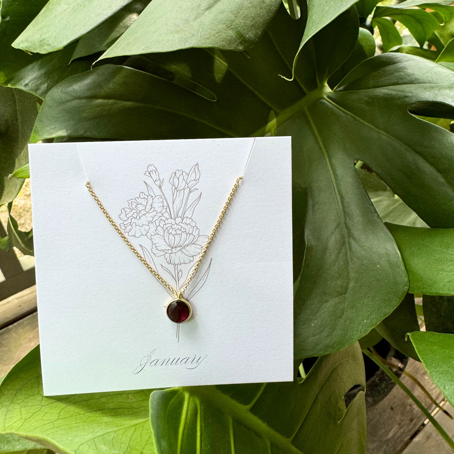 Birthstone Matte Gold Chain Necklace | Birth Flower Cards