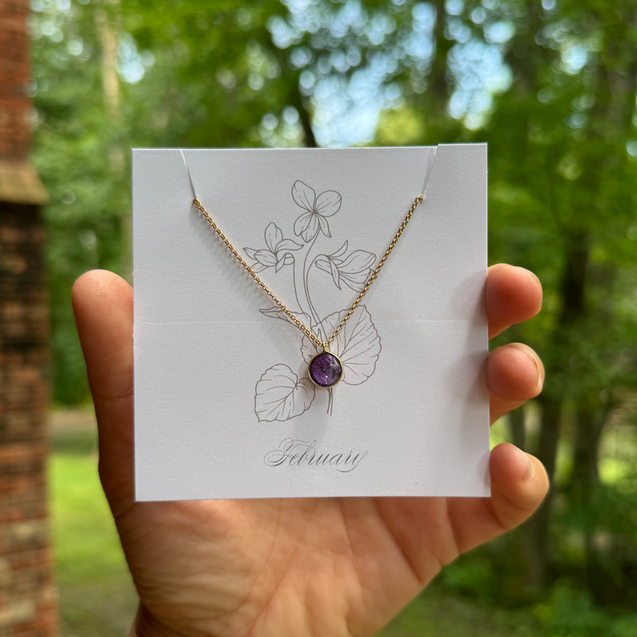 Birthstone Matte Gold Chain Necklace | Birth Flower Cards