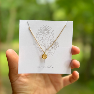 Birthstone Matte Gold Chain Necklace | Birth Flower Cards