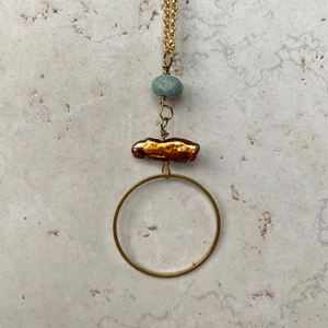 Matte Gold Pearl and Stone Circle Necklace