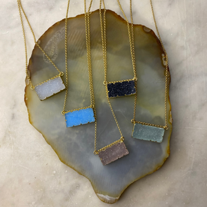 Druzy Agate Rectangle Bar Gold Vermeil Matte Gold Necklace