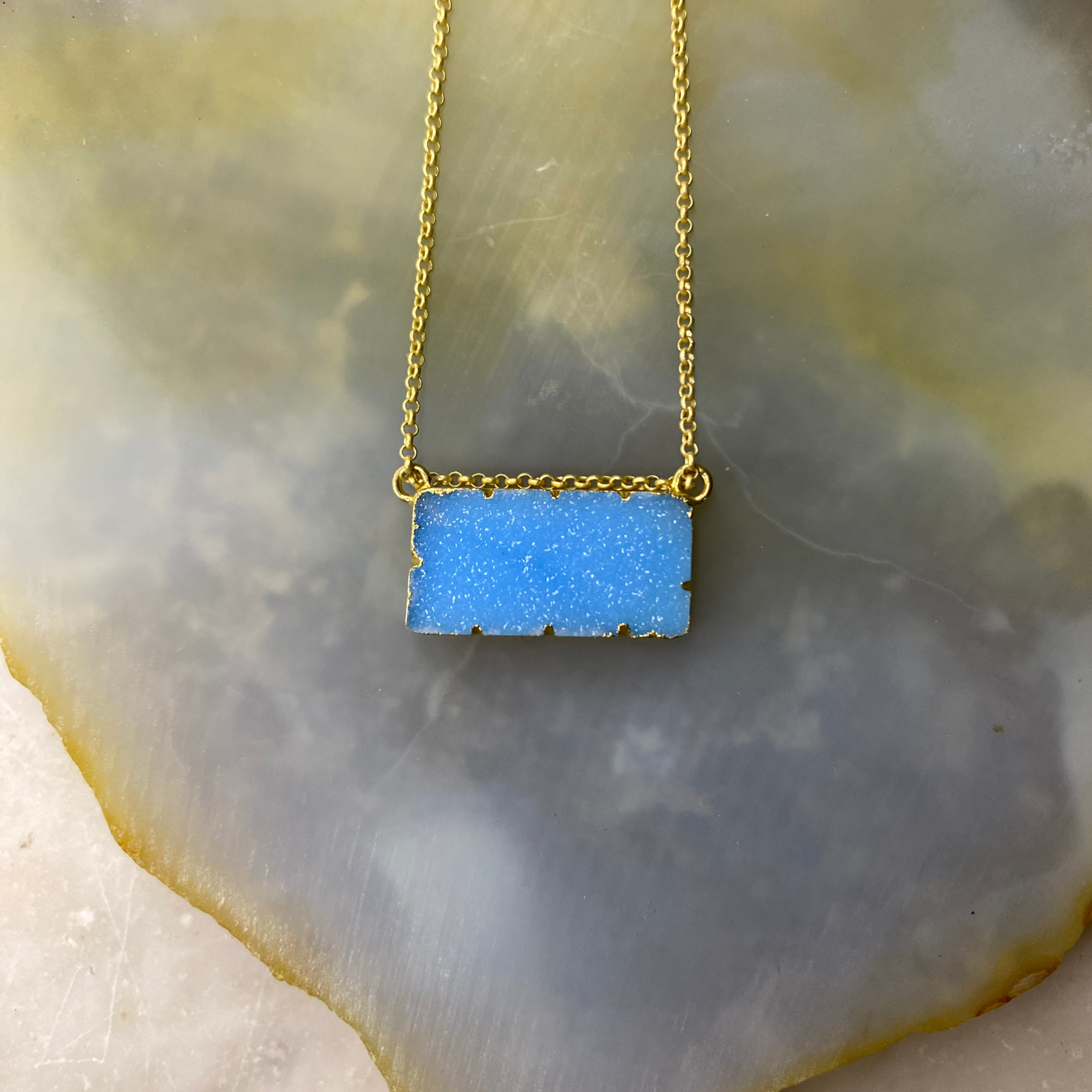 Druzy Agate Rectangle Bar Gold Vermeil Matte Gold Necklace Seeds