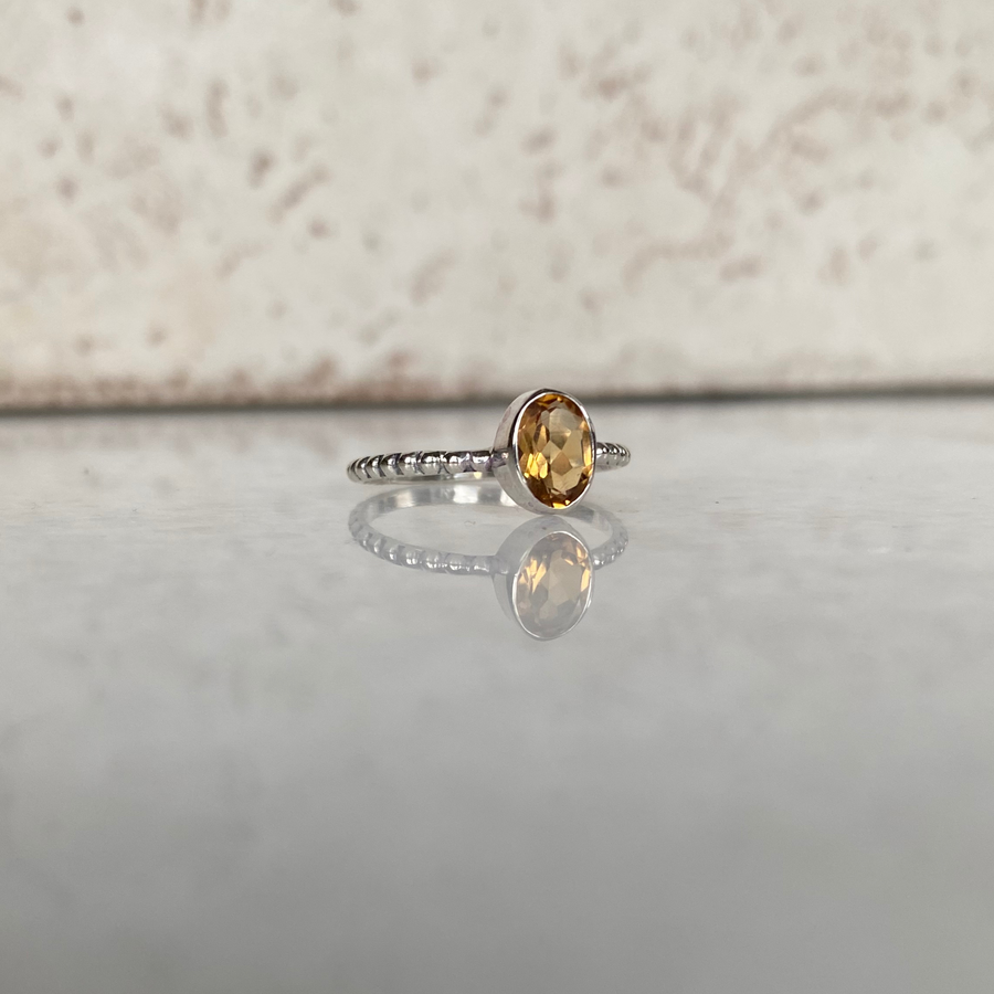 Silver Beaded Band Stone Ring