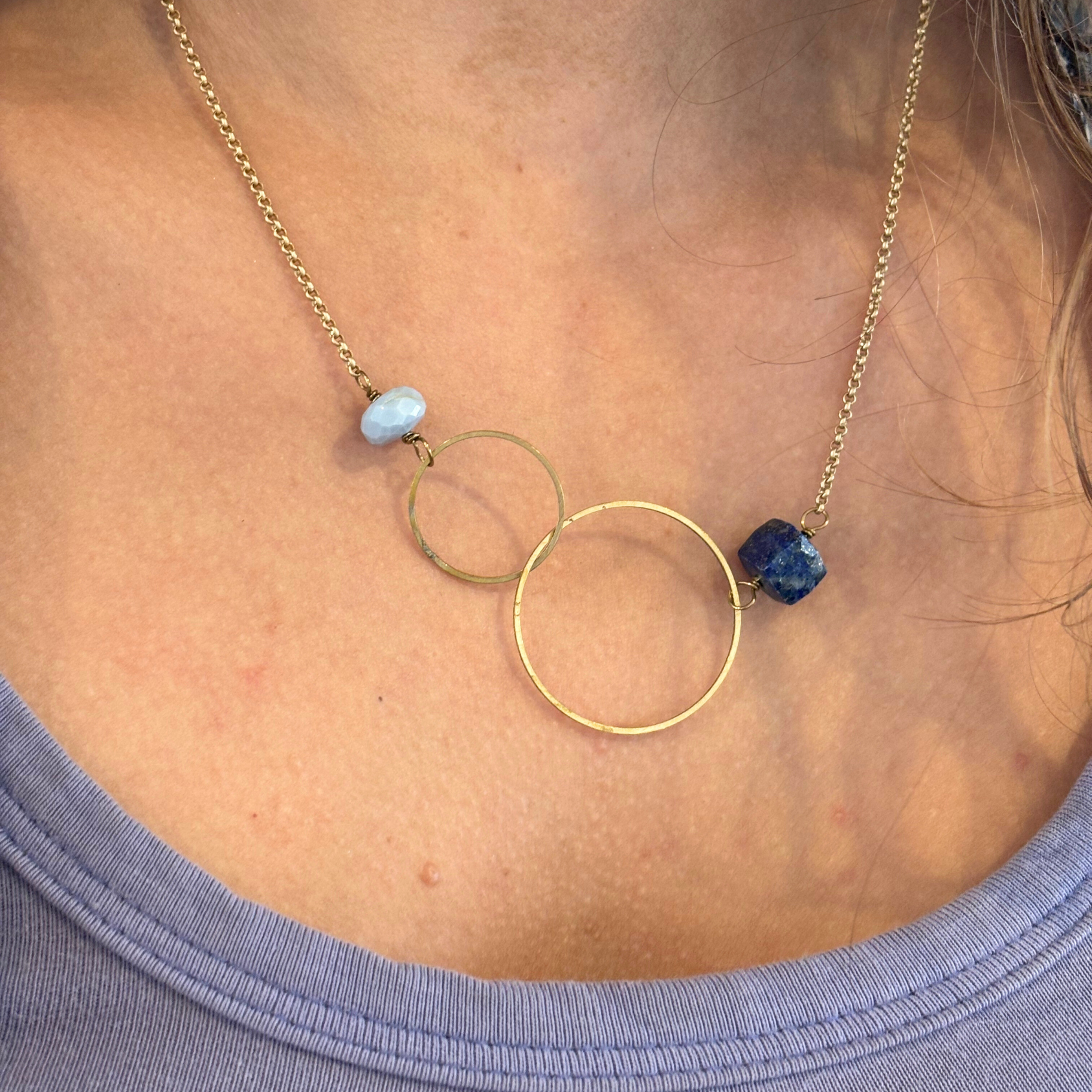 Connected Circle Stone Necklace Matte Gold Brass Chain Seeds